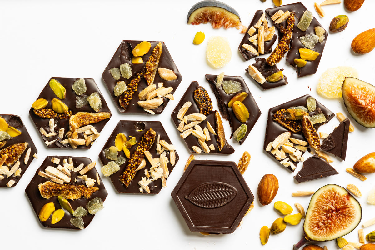 72% Venezuelan Mendiants featuring handcrafted dark chocolate discs with premium gourmet toppings.