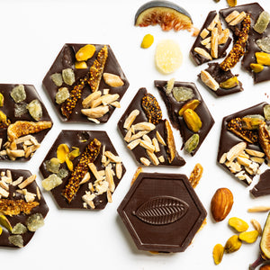 72% Venezuelan Mendiants featuring handcrafted dark chocolate discs with premium gourmet toppings.
