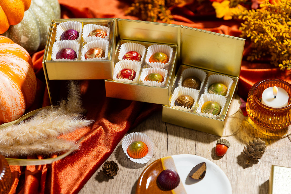 Autumn Bliss 12-piece box featuring handcrafted artisan chocolates inspired by autumn flavors.