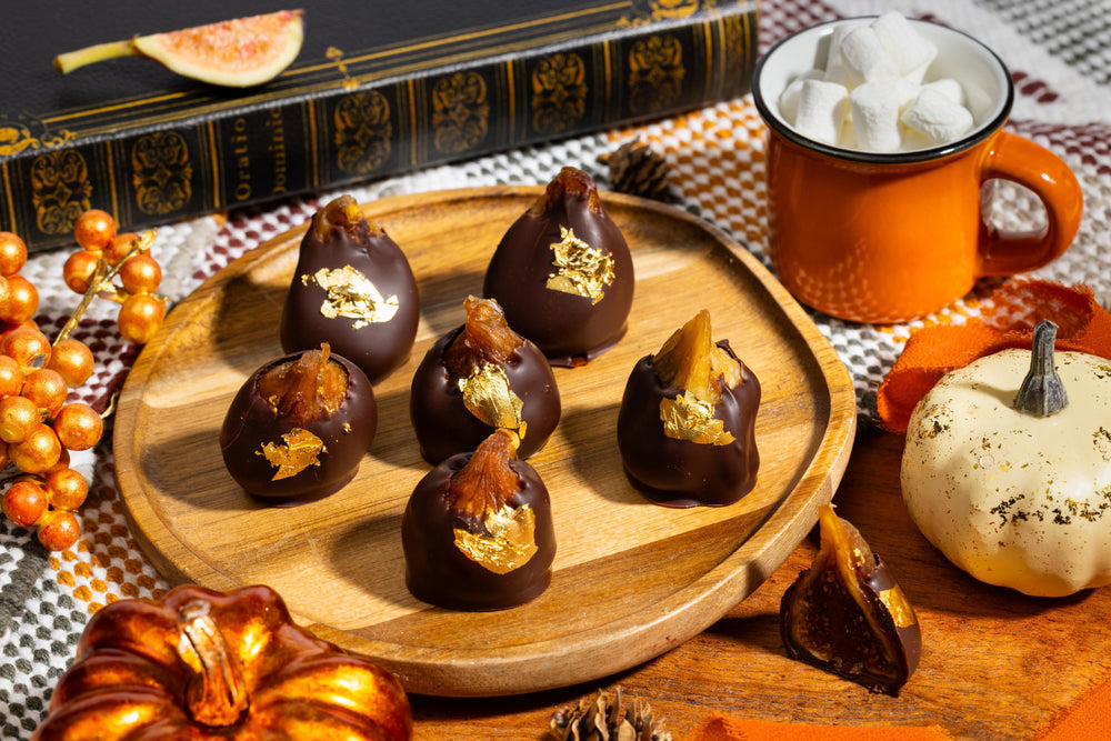 Open Chocolate Covered Figs 5-piece gift box displaying handcrafted chocolate-covered figs.