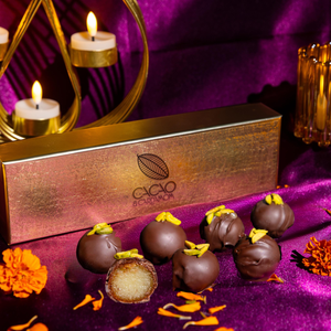 Chocolate Covered Gulab Jamun 5-piece gift box featuring handcrafted artisan chocolates inspired by the classic Indian dessert.