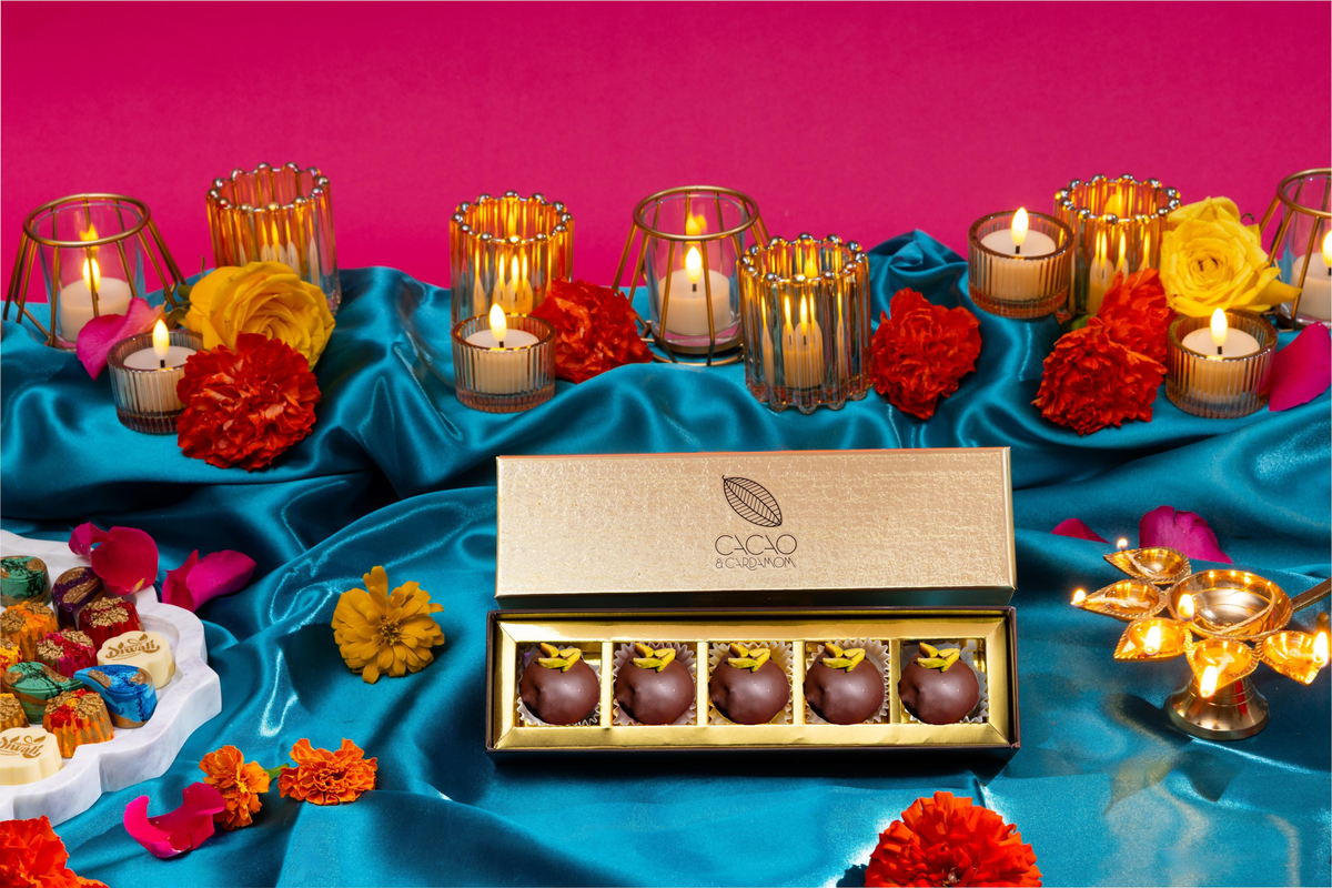 Open Chocolate Covered Gulab Jamun 5-piece gift box displaying handcrafted artisan chocolates.
