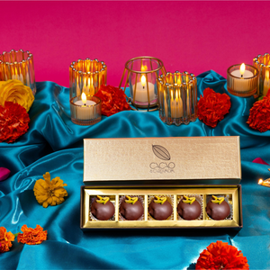 Open Chocolate Covered Gulab Jamun 5-piece gift box displaying handcrafted artisan chocolates.