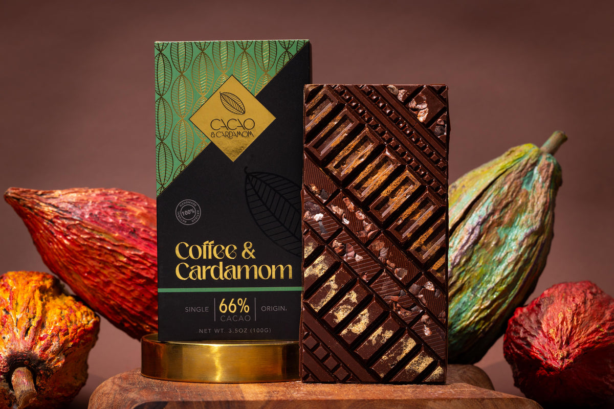 Close-up of the Coffee & Cardamom Artisan Bar showcasing premium handcrafted chocolate.