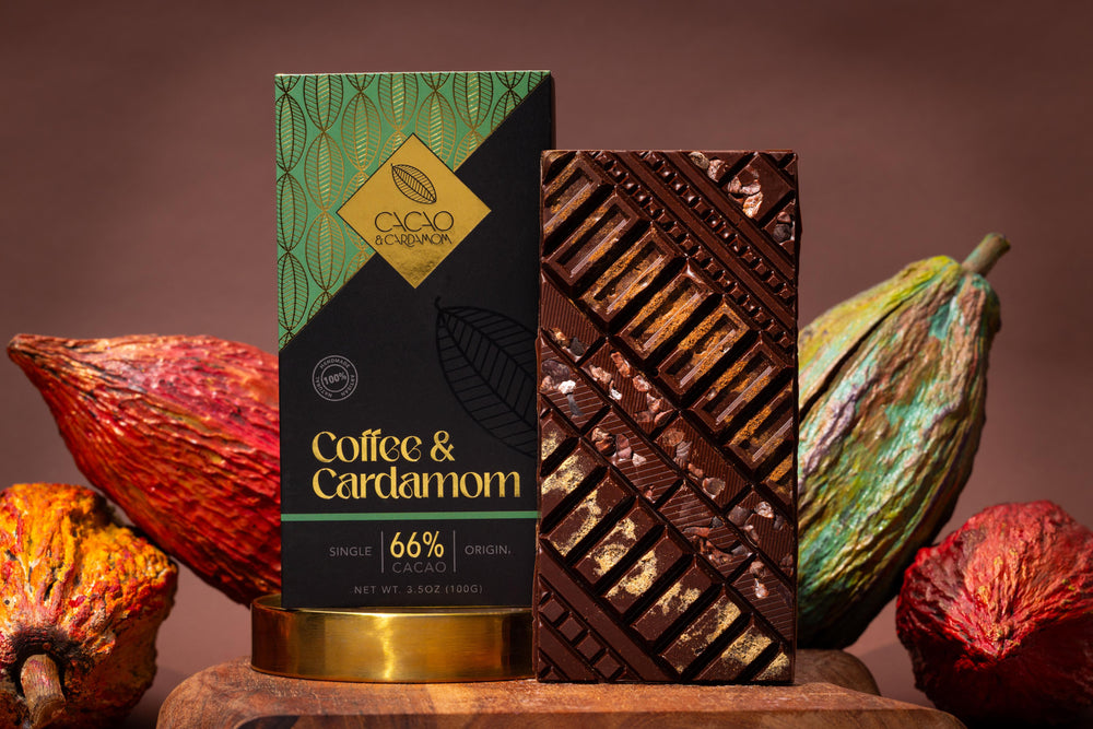 Close-up of the Coffee & Cardamom Artisan Bar showcasing premium handcrafted chocolate.