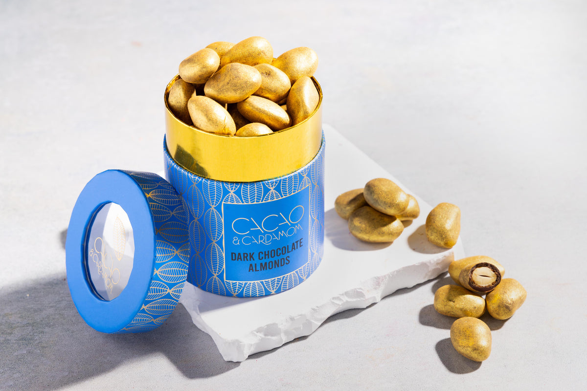 Dark Chocolate Almond dragees featuring roasted almonds coated in rich premium dark chocolate.