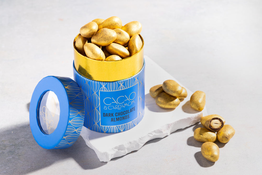 Dark Chocolate Almond dragees featuring roasted almonds coated in rich premium dark chocolate.