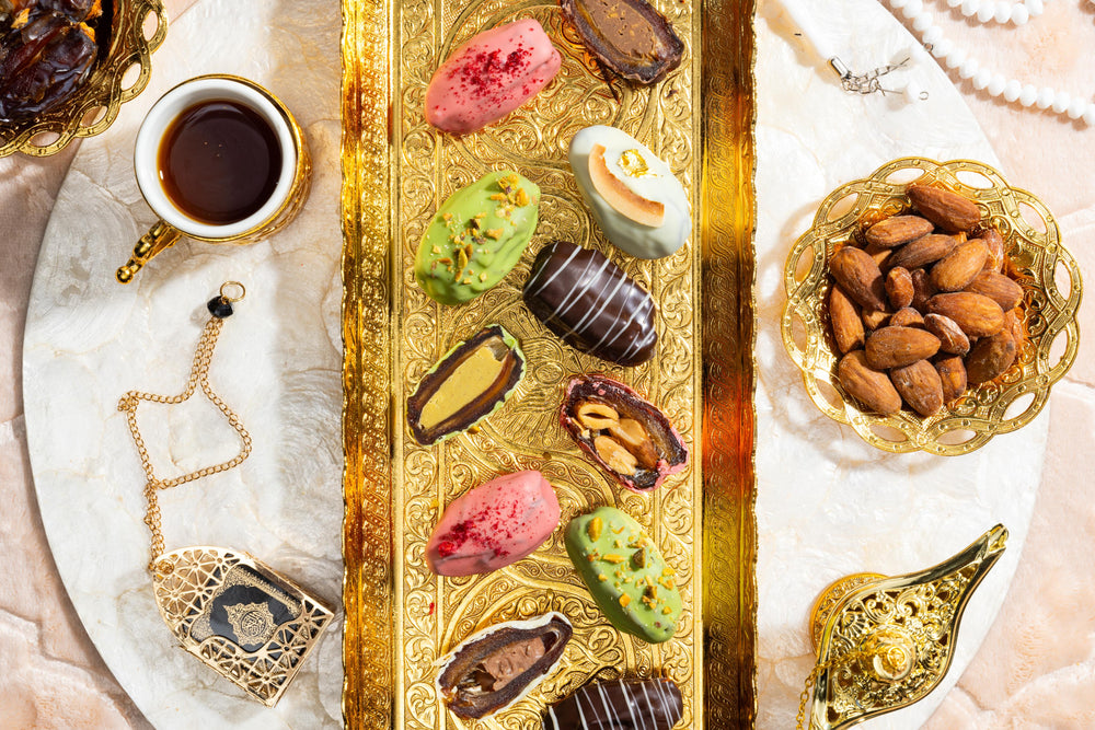 Pistachio-filled chocolate dates