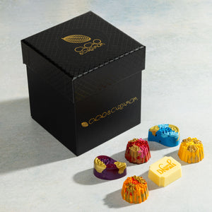 Diwali Collection 12-piece handcrafted artisan chocolate gift box by Cacao & Cardamom featuring festive gourmet chocolates.