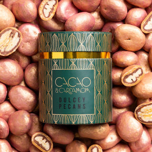 Pecan Dulcey Dragees beautifully presented for gourmet gifting.