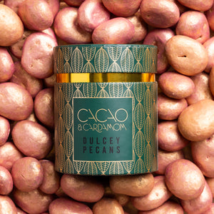 Premium Pecan Dulcey Dragees packaging by Cacao & Cardamom.