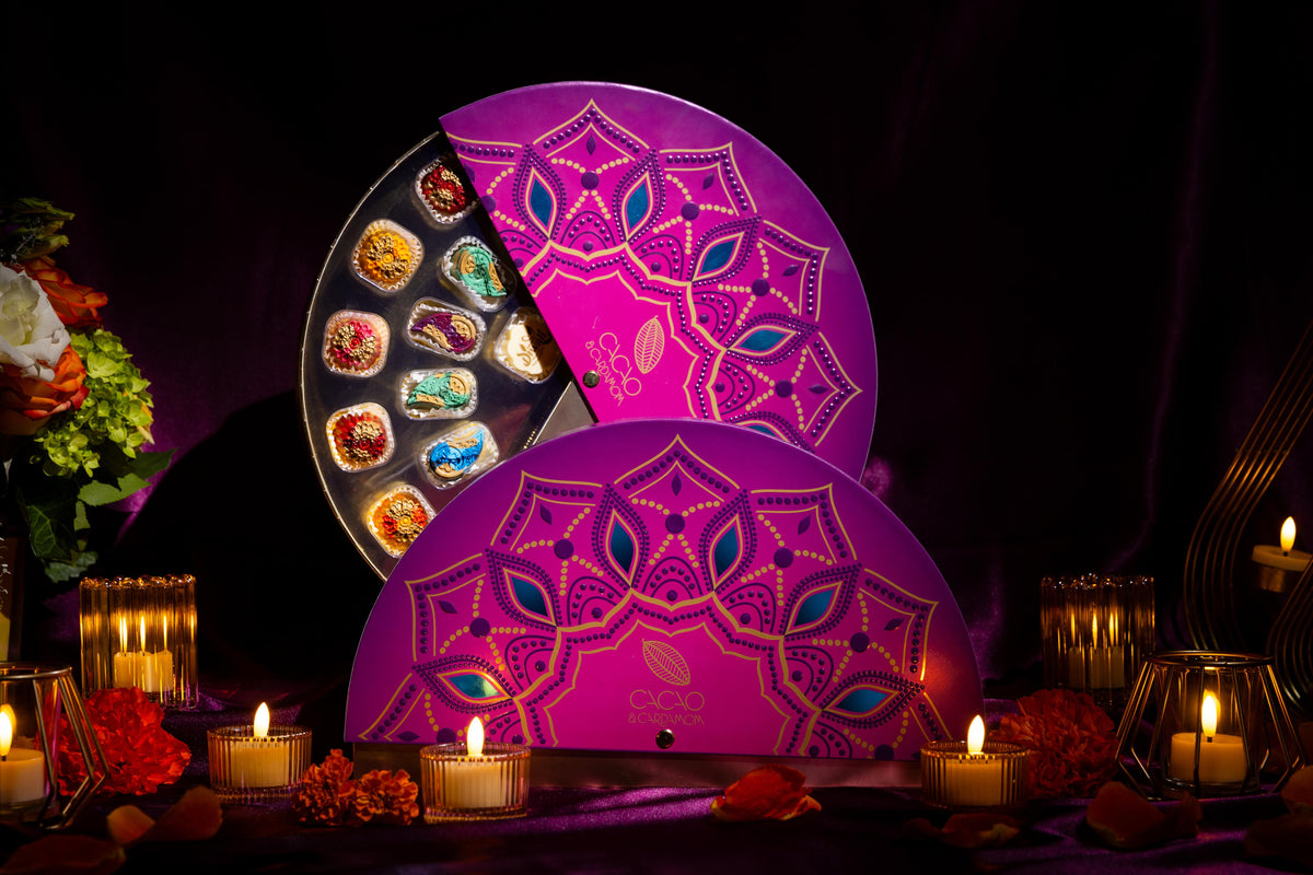 Rangoli Gift Box 14-piece luxury artisan chocolate assortment inspired by vibrant Diwali celebrations.