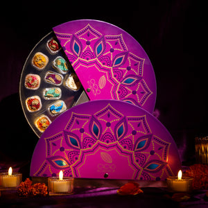 Rangoli Gift Box 14-piece luxury artisan chocolate assortment inspired by vibrant Diwali celebrations.