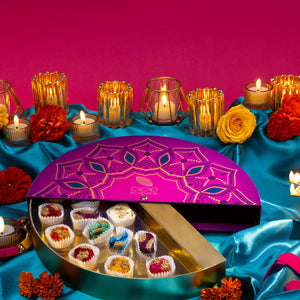 Close-up of handcrafted chocolates from the Rangoli Gift Box 14-piece collection.