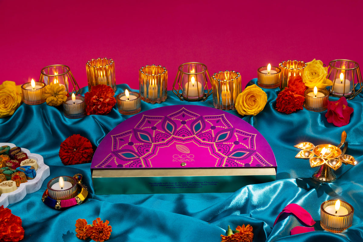 Premium Rangoli Gift Box 14-piece luxury packaging by Cacao & Cardamom.