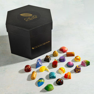 Signature Chocolate Tasting Gift Set 36-piece featuring a curated assortment of handcrafted artisan chocolates by Cacao & Cardamom.