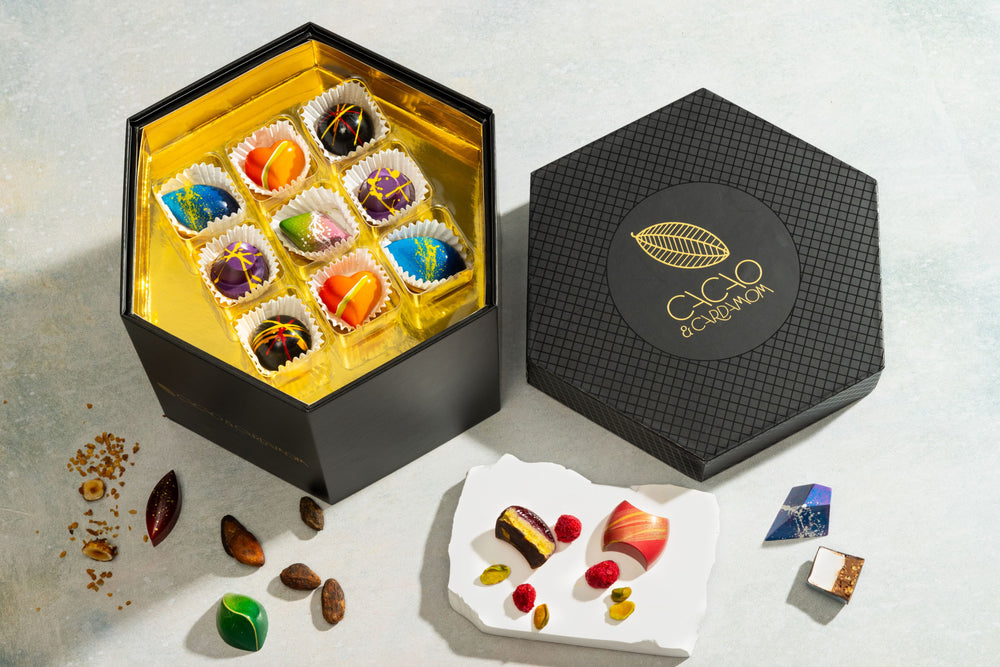 Close-up of handcrafted chocolates from the Signature Chocolate Tasting Gift Set 36-piece.