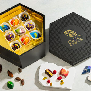 Close-up of handcrafted chocolates from the Signature Chocolate Tasting Gift Set 36-piece.