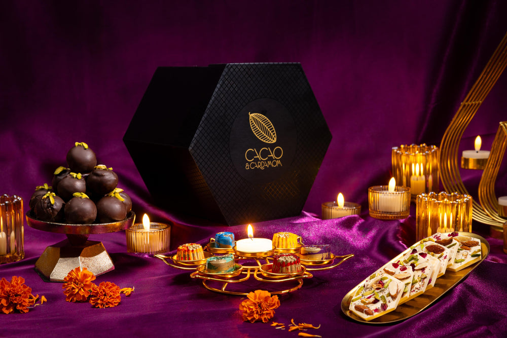 The Grand Mithai Platter featuring handcrafted chocolate treats inspired by traditional Indian sweets.