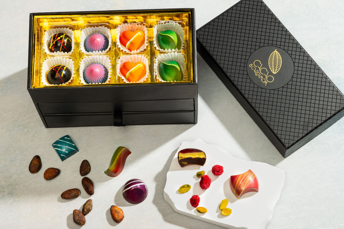 Close-up of handcrafted chocolates from The Jewelry Box 24-piece collection.
