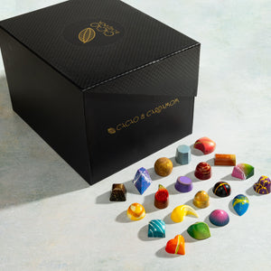 Ultimate Bon-Bon Collection 80-piece featuring handcrafted artisan bonbons in a luxury chocolate gift box by Cacao & Cardamom.