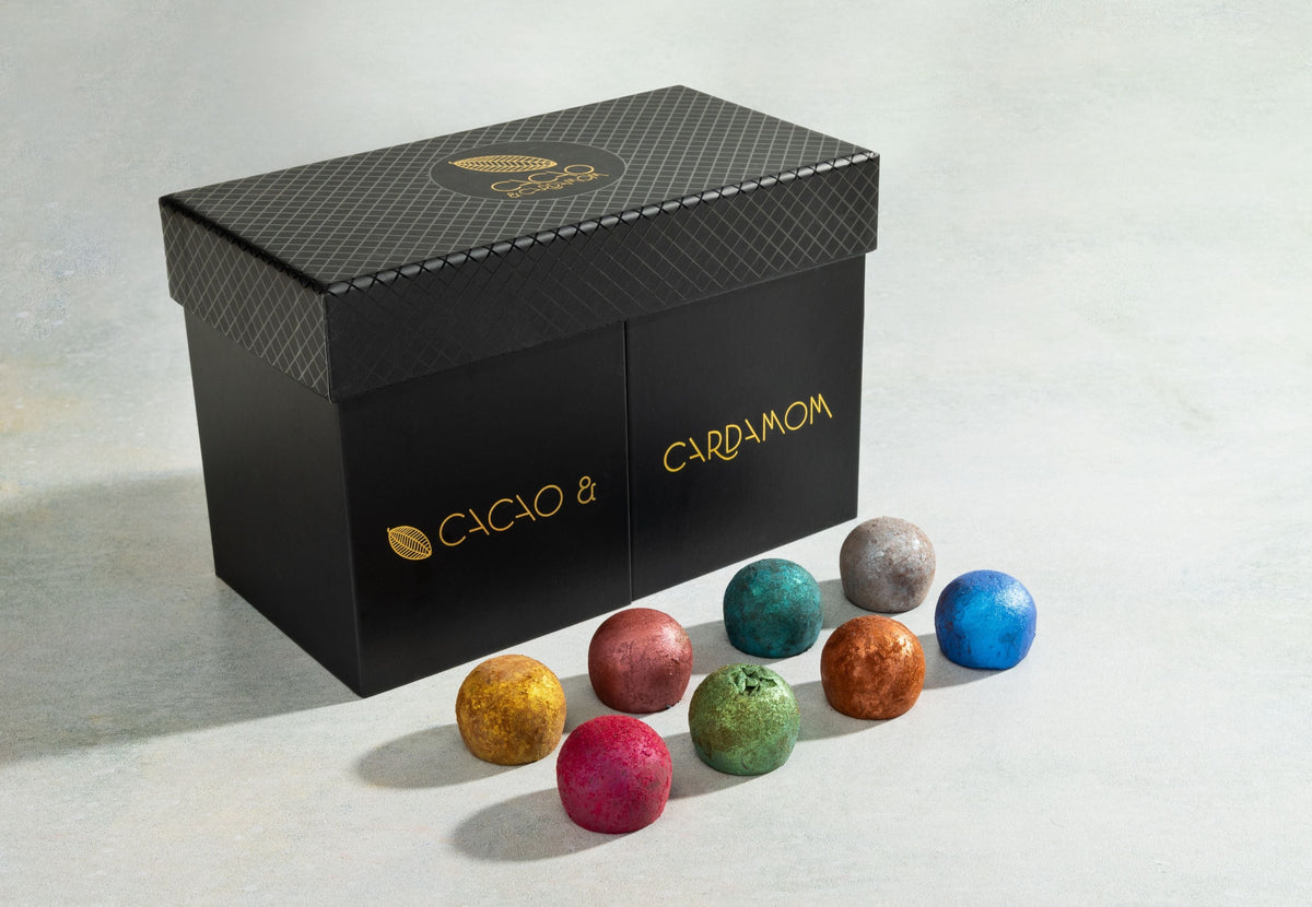 Vegan Truffle Collection featuring handcrafted dairy-free artisan chocolates by Cacao & Cardamom.