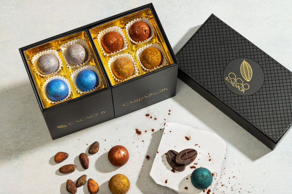 Close-up of handcrafted vegan artisan truffles from the Vegan Truffle Collection.