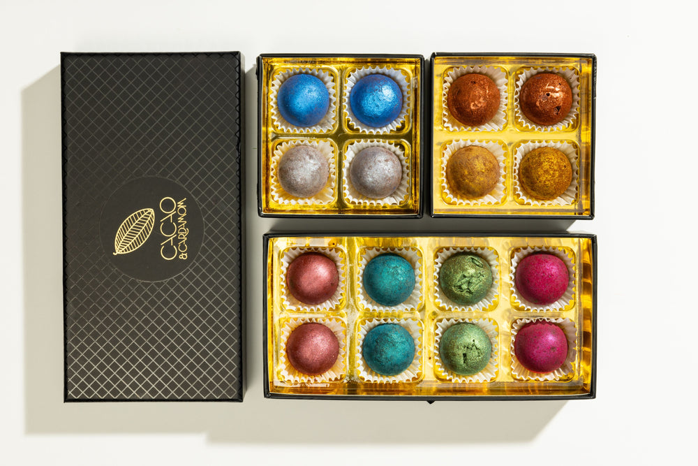 Premium Vegan Truffle Collection luxury chocolate gift box packaging by Cacao & Cardamom.