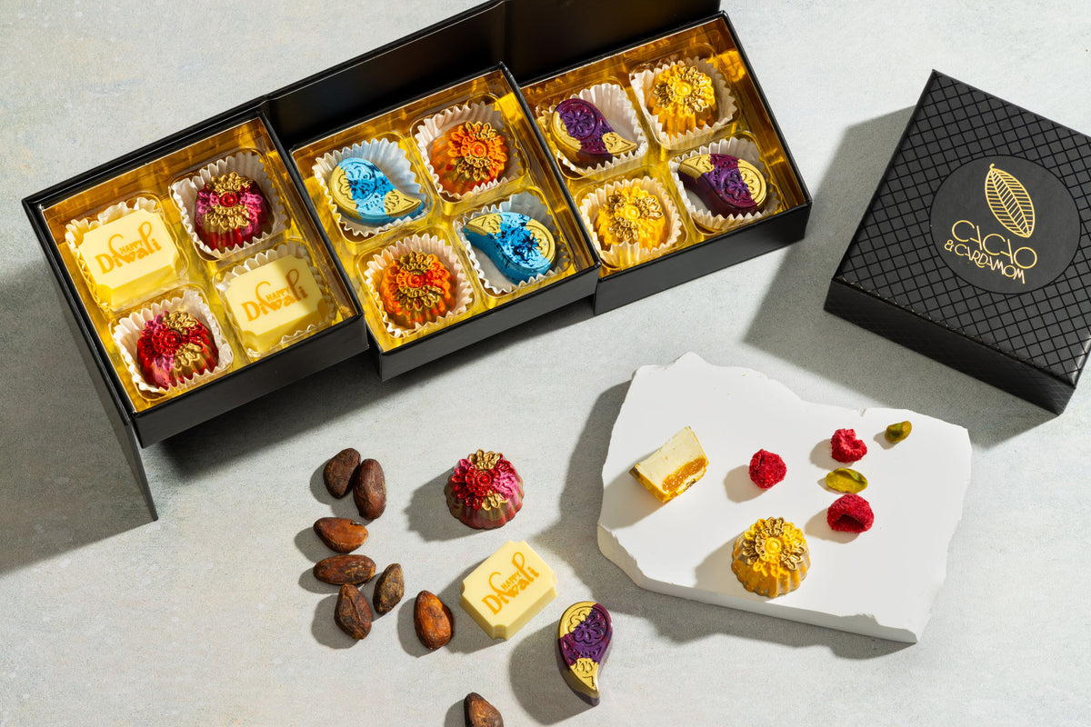 Close-up of handcrafted artisan chocolates from the Diwali Collection 12-piece gift box.