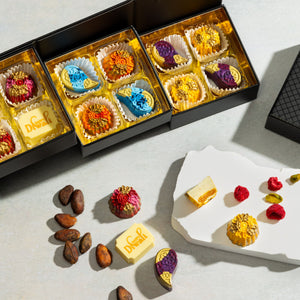Close-up of handcrafted artisan chocolates from the Diwali Collection 12-piece gift box.
