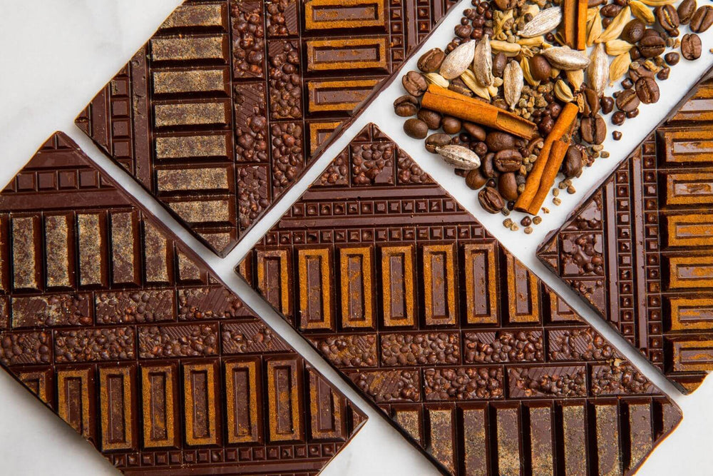 Coffee & Cardamom Artisan Bar featuring handcrafted premium chocolate infused with coffee and aromatic cardamom.