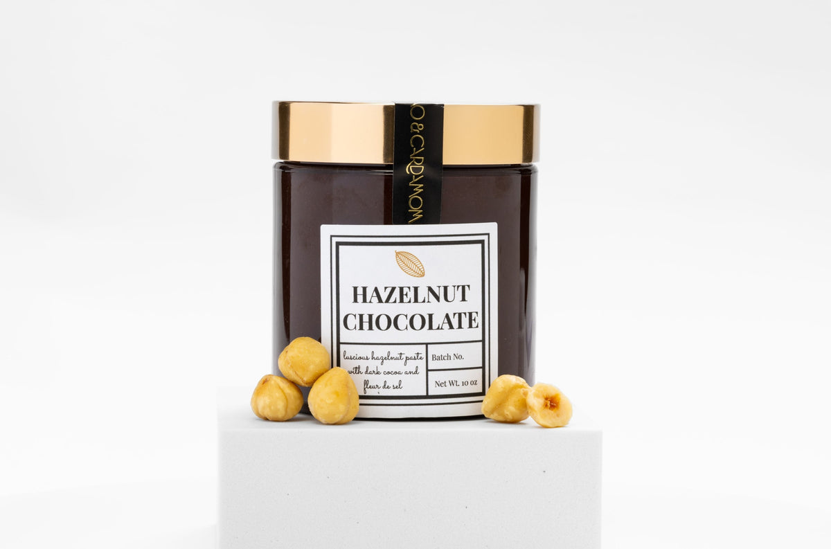 Hazelnut Chocolate Spread crafted with premium chocolate and roasted hazelnuts by Cacao & Cardamom.
